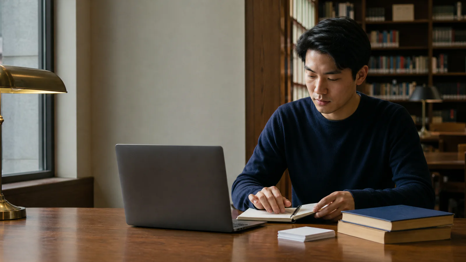 A learner working with a notebook, laptop, books, and study cards in a library.