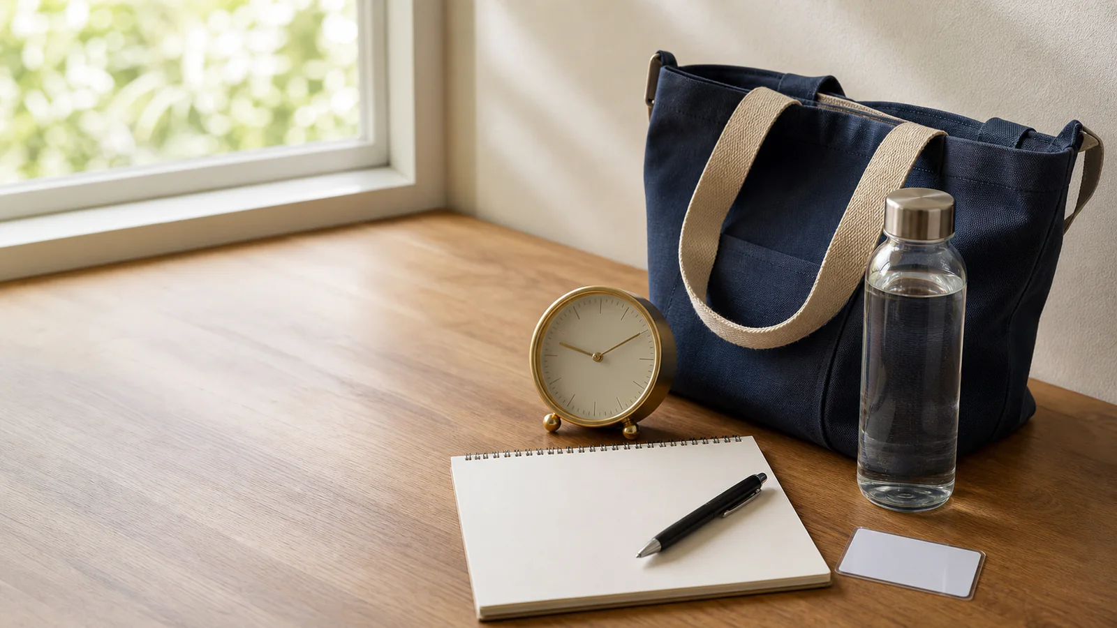 A navy carry bag, unmarked clock, water bottle, notebook, and identification card on a desk.