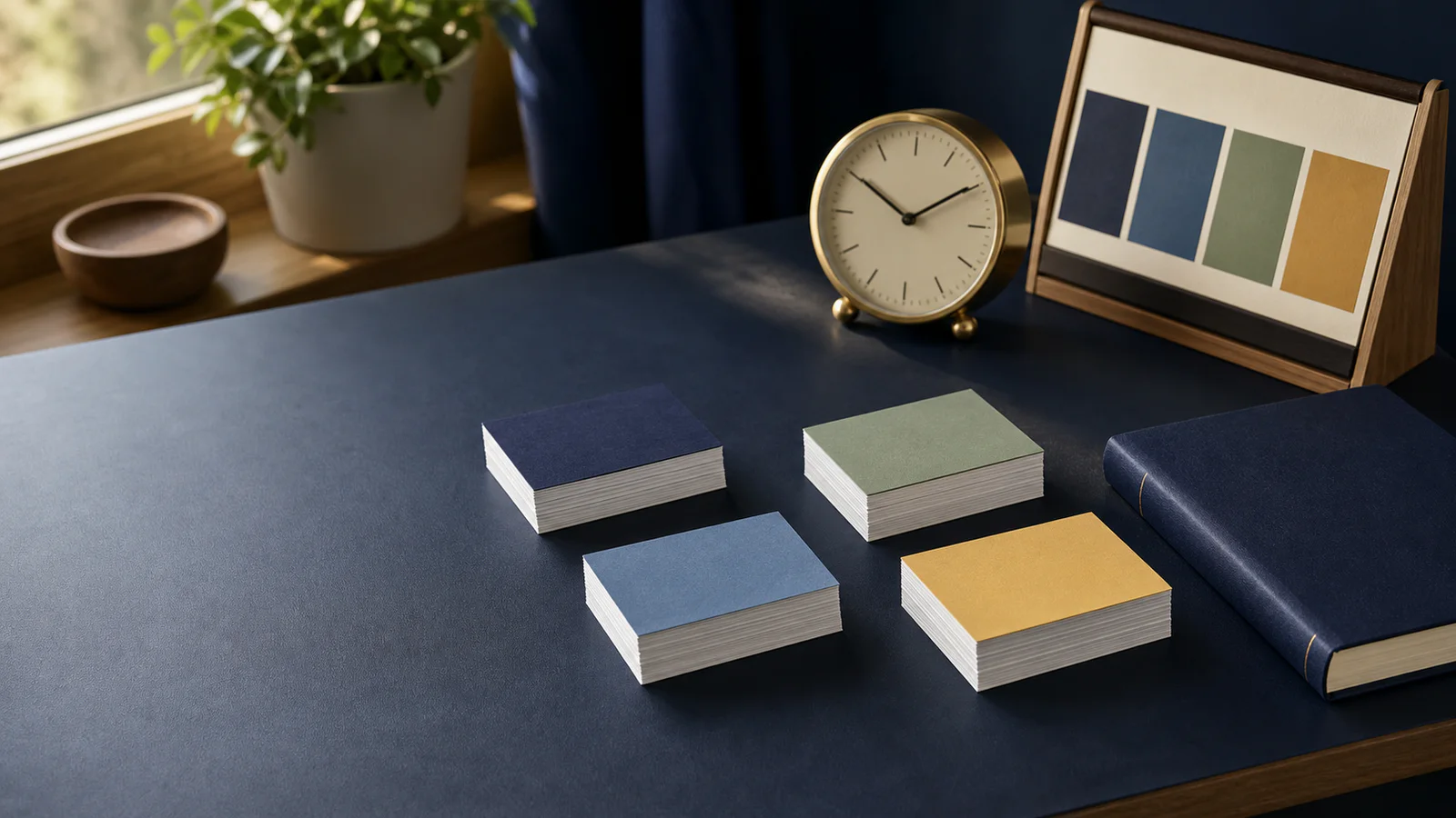 Color-backed study-card stacks and an analog clock arranged on a navy study desk.