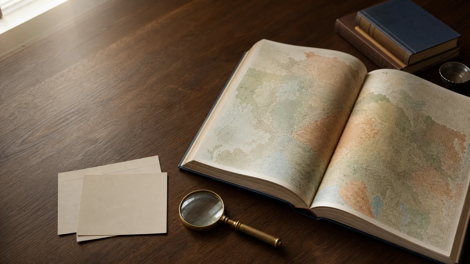 An open unlabeled atlas, blank index cards, and a magnifier on a wooden research desk.