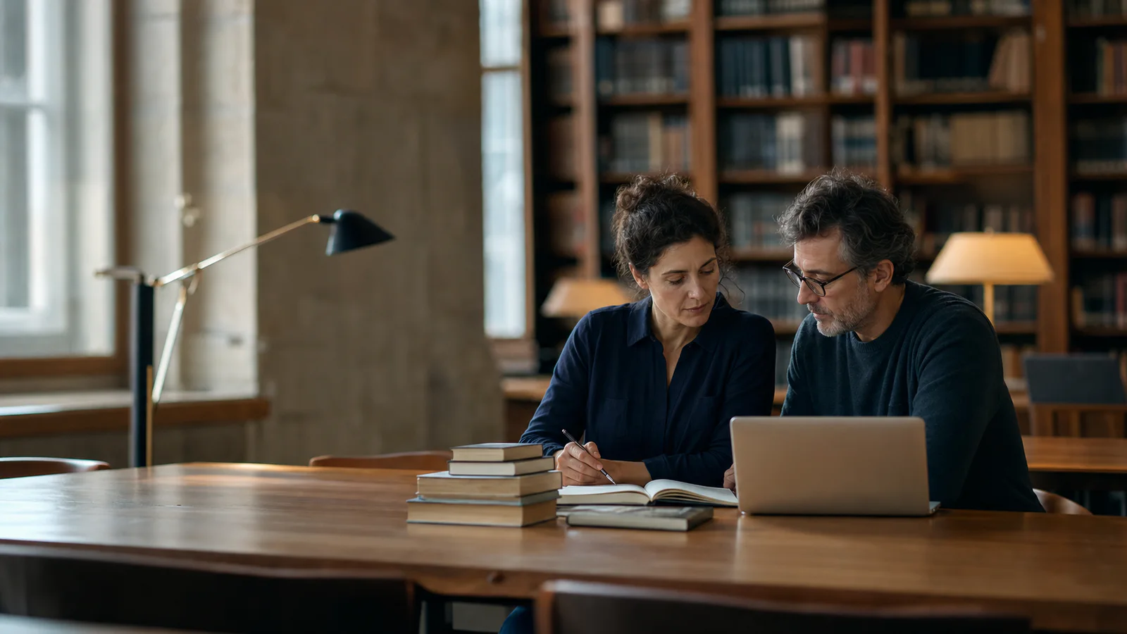 Two adult learners studying together with books and a laptop at a library table.